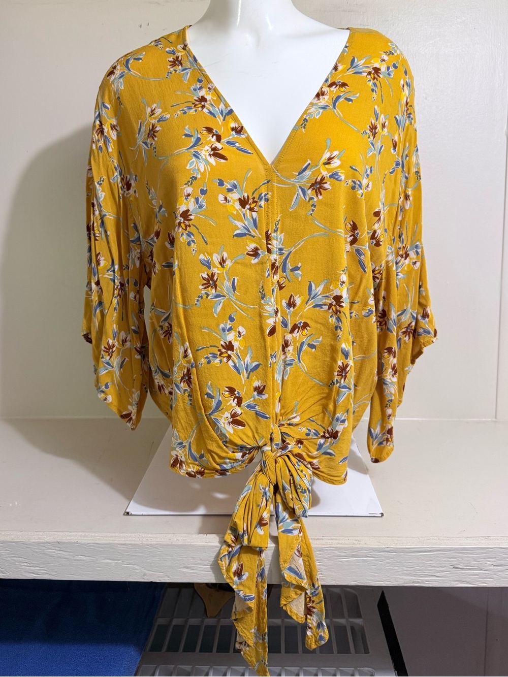 AFF Mustard Floral V-Neck Tie-Front Blouse